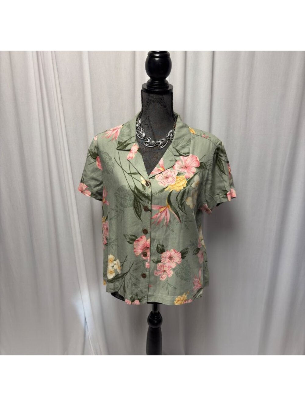 Caribbean Joe Tropical Floral Button Front Shirt Womens Petite XL Resort Beach